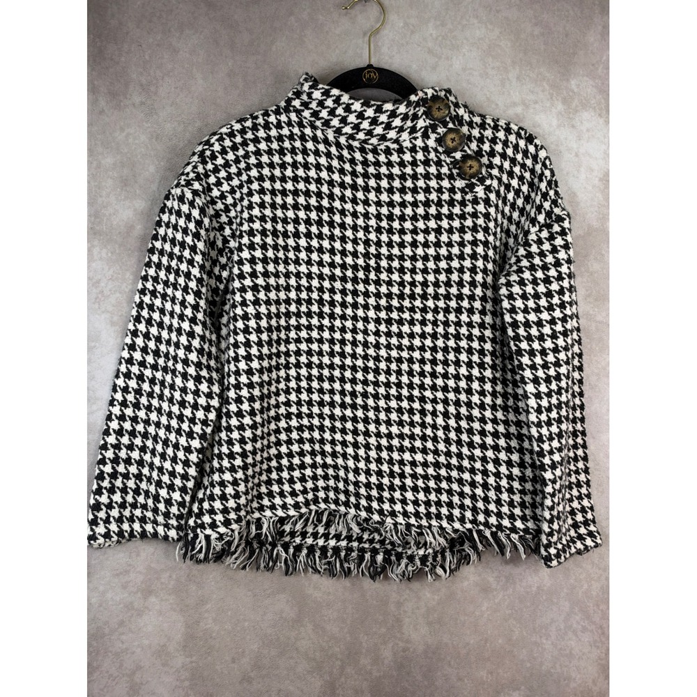 Sharon Young Houndstooth Top Women S Black White Frayed Fringe Mock Neck Button